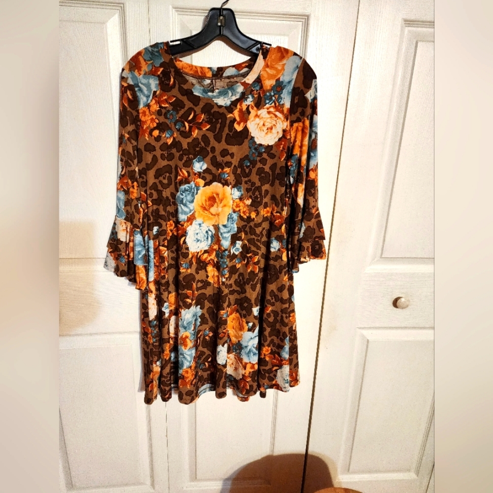 Floral Brown Dress with Bell Sleeves